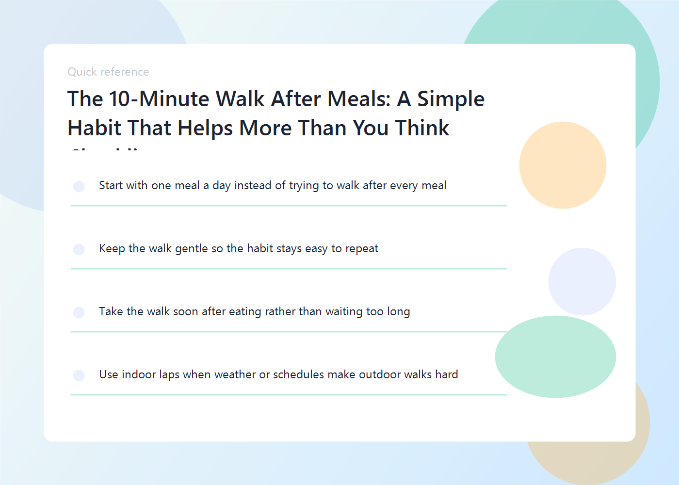 A wellness habit guide with walking shoes, a doorway, and a note for a 10-minute post-meal walk.