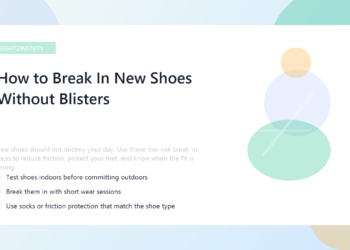 A pair of new shoes with soft socks, blister balm, and heel protectors laid out neatly.