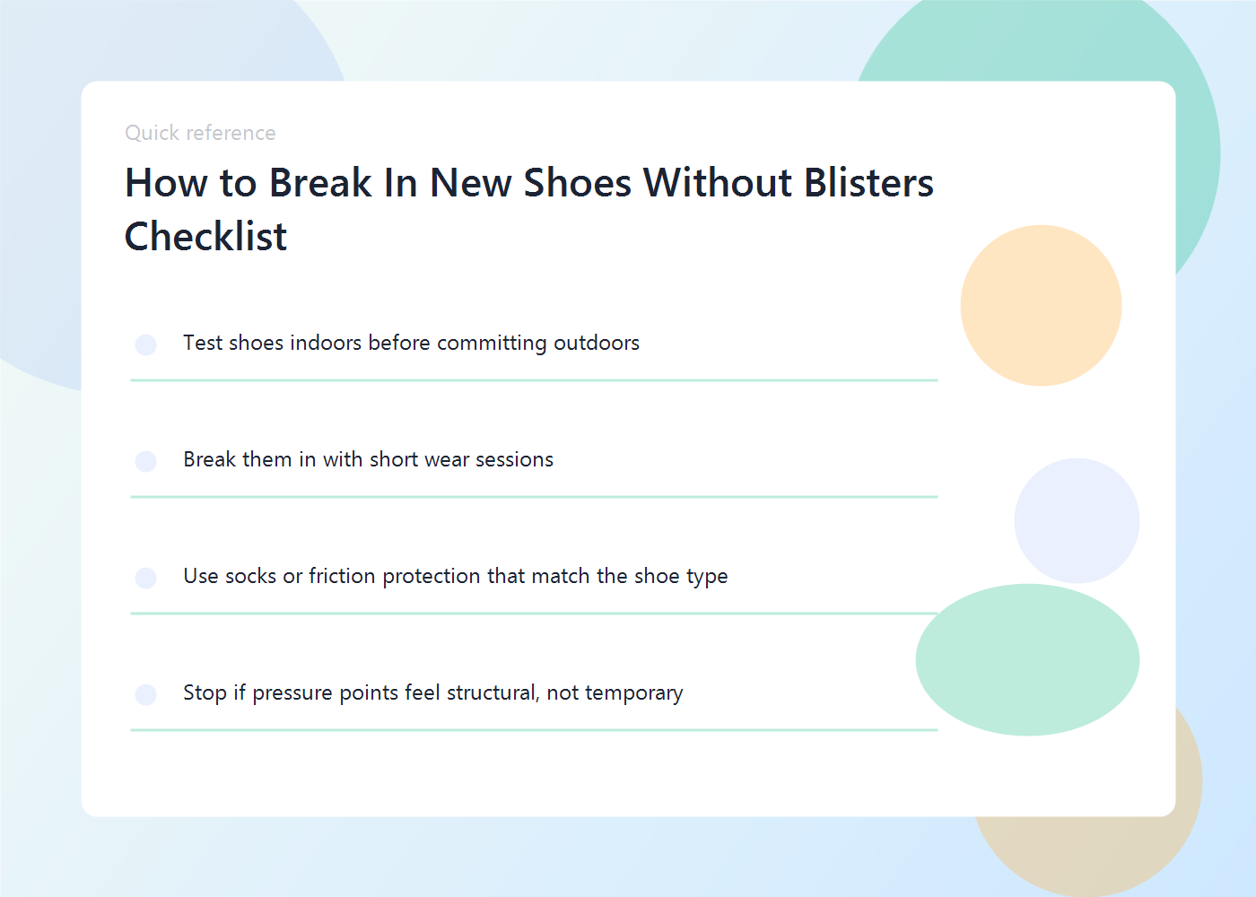 A step-by-step shoe break-in graphic with wear intervals, socks, and friction points marked.