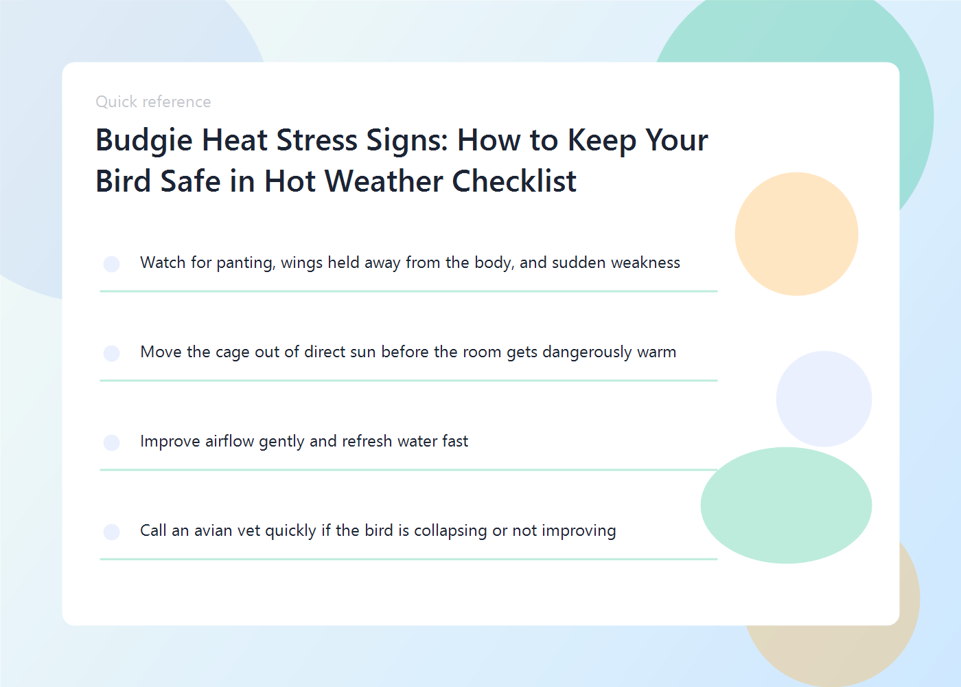 A budgie safety guide showing shade, airflow, fresh water, and warning signs of overheating.