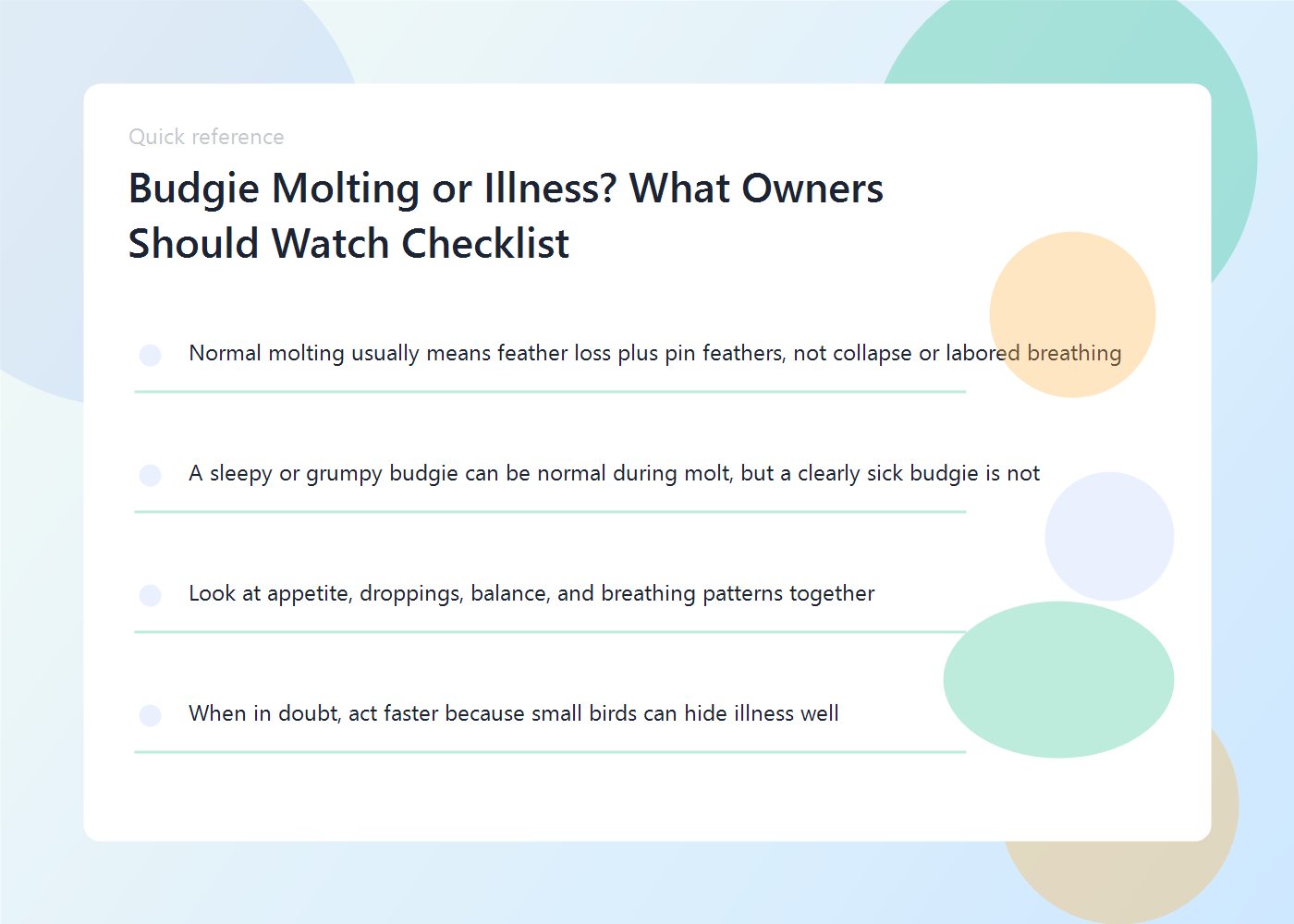A budgie care guide comparing normal molting signs with warning signs of illness.