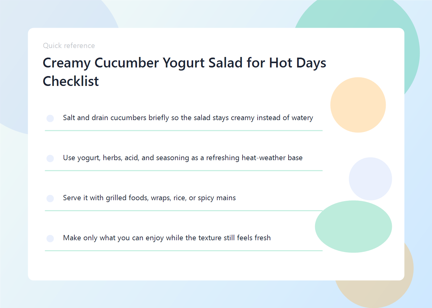 A cucumber yogurt salad guide showing sliced cucumbers, yogurt, herbs, and a quick mixing bowl.