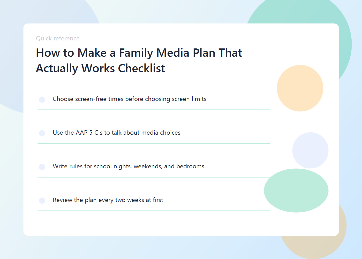 How to Make a Family Media Plan That Actually Works 2 A family media plan graphic showing screen-free times, shared rules, and content check-ins.