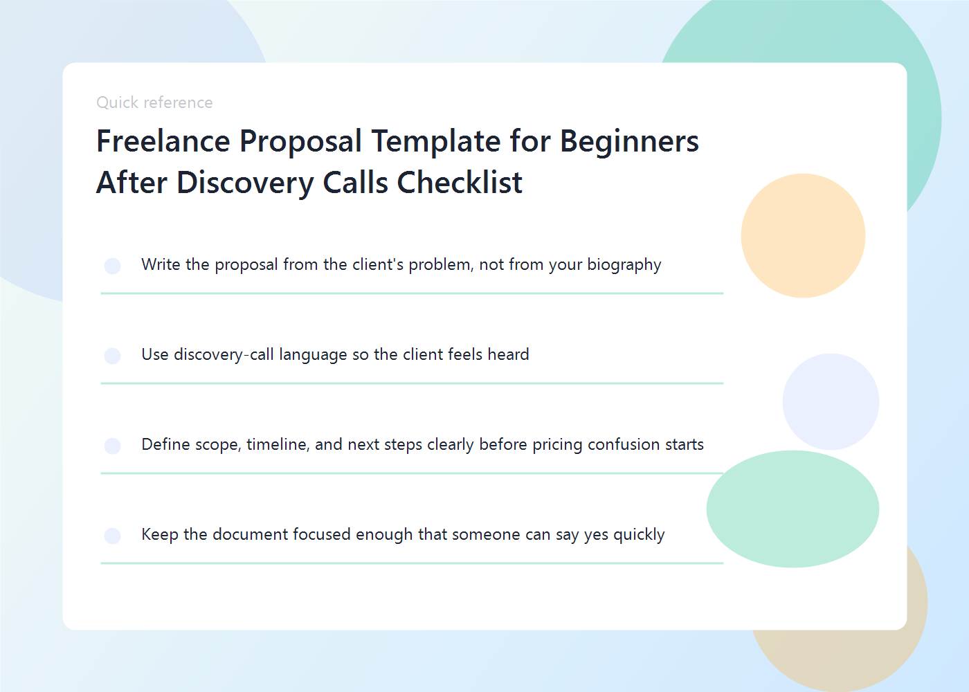 A freelance proposal framework with project summary, scope, timeline, pricing, and next steps.