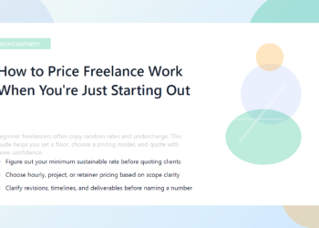 A freelancer reviewing project notes, a calculator, and a simple pricing worksheet.