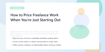 A freelancer reviewing project notes, a calculator, and a simple pricing worksheet.