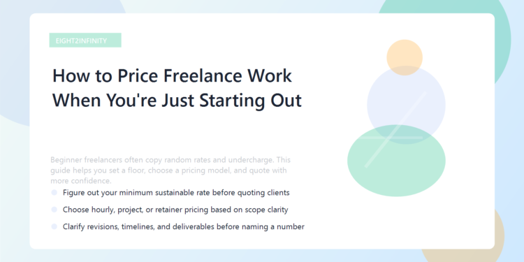 A freelancer reviewing project notes, a calculator, and a simple pricing worksheet.