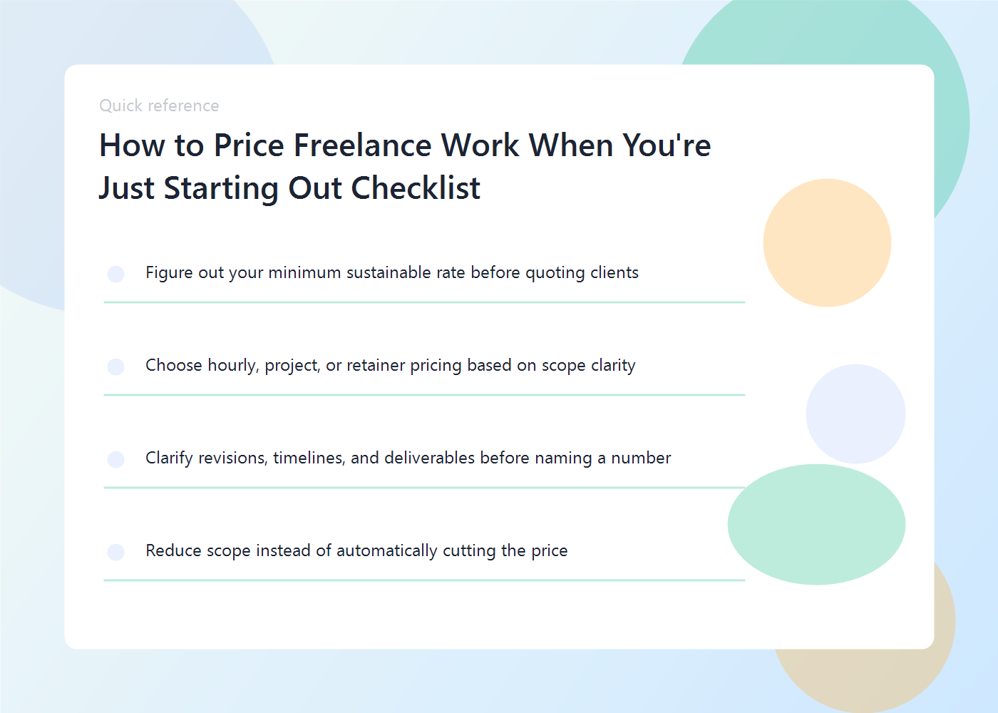 A beginner freelance pricing guide showing floor rate, scope, revisions, and quote structure.