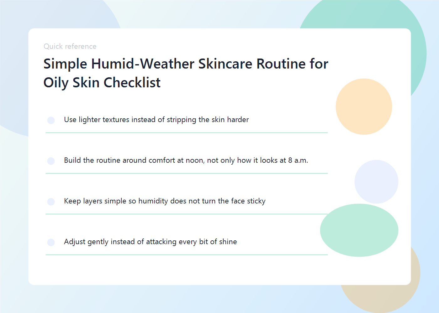 A humid-weather skincare routine showing cleansing, light hydration, sunscreen, and blotting steps.