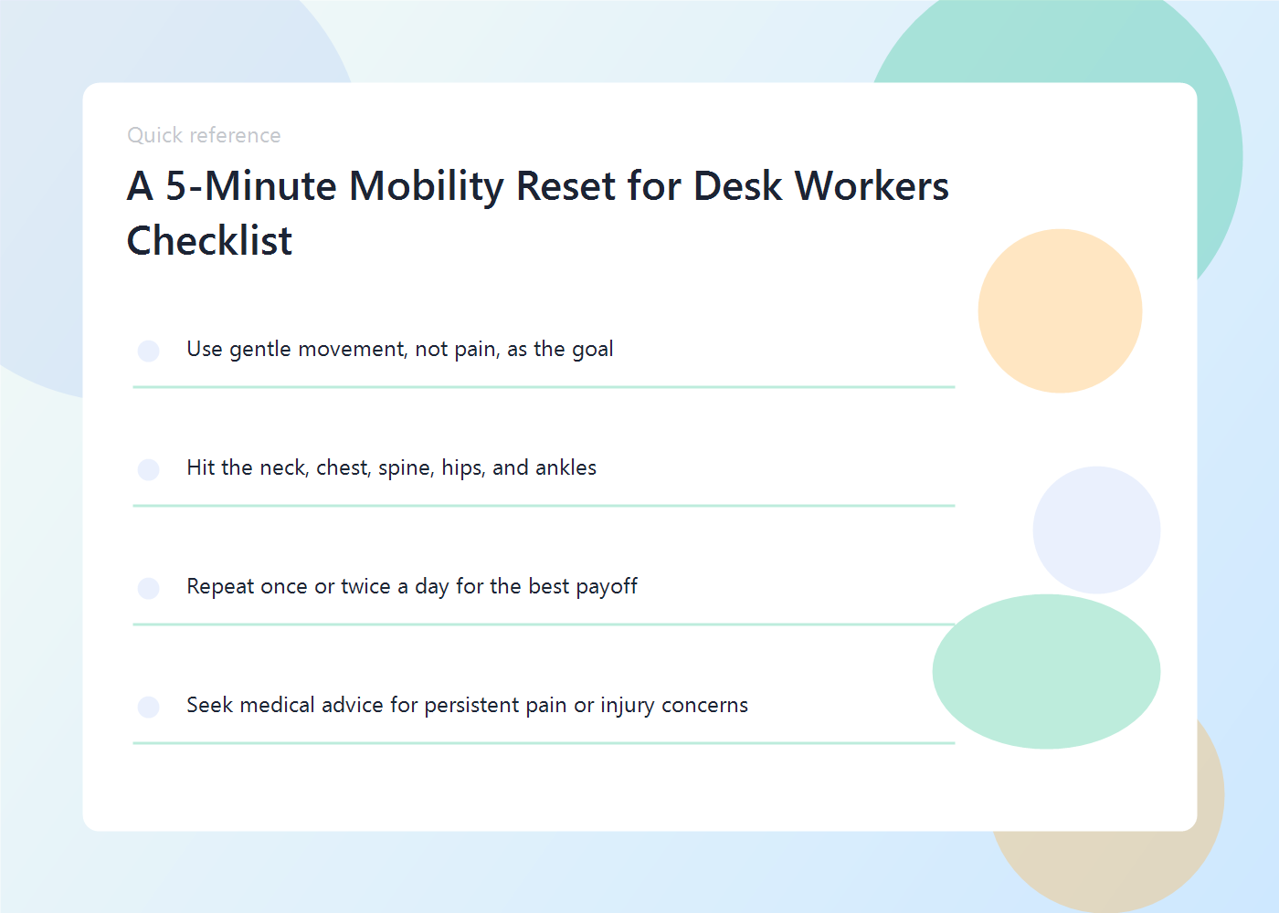 A visual sequence of five simple desk-friendly mobility moves with timing cues.