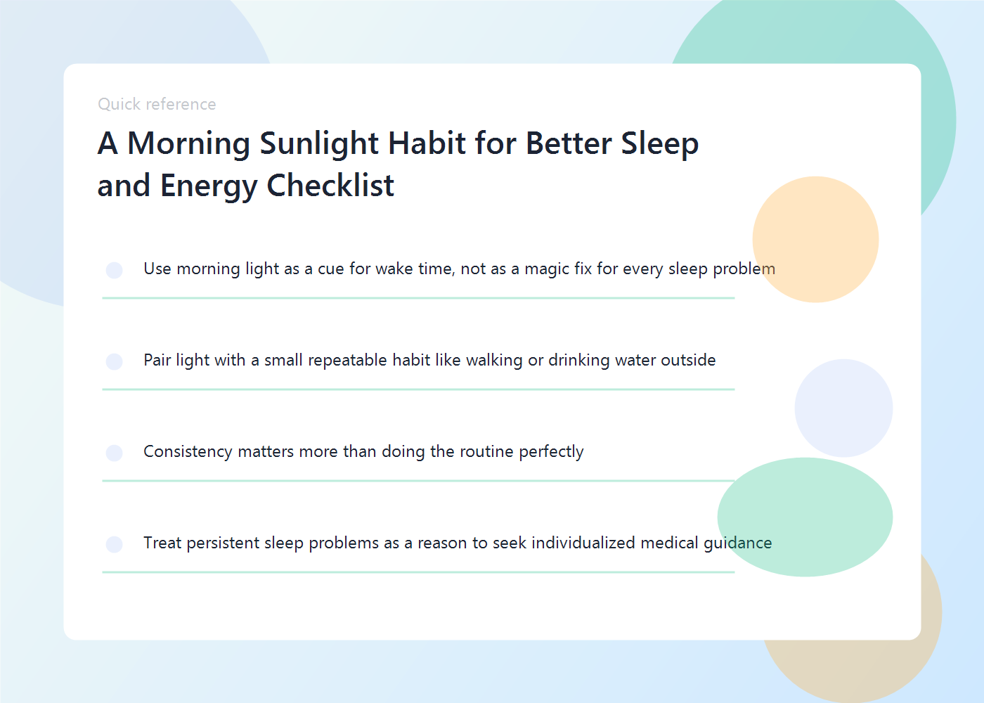 A wellness guide showing morning outdoor light, a short walk, and a simple wake-up routine.