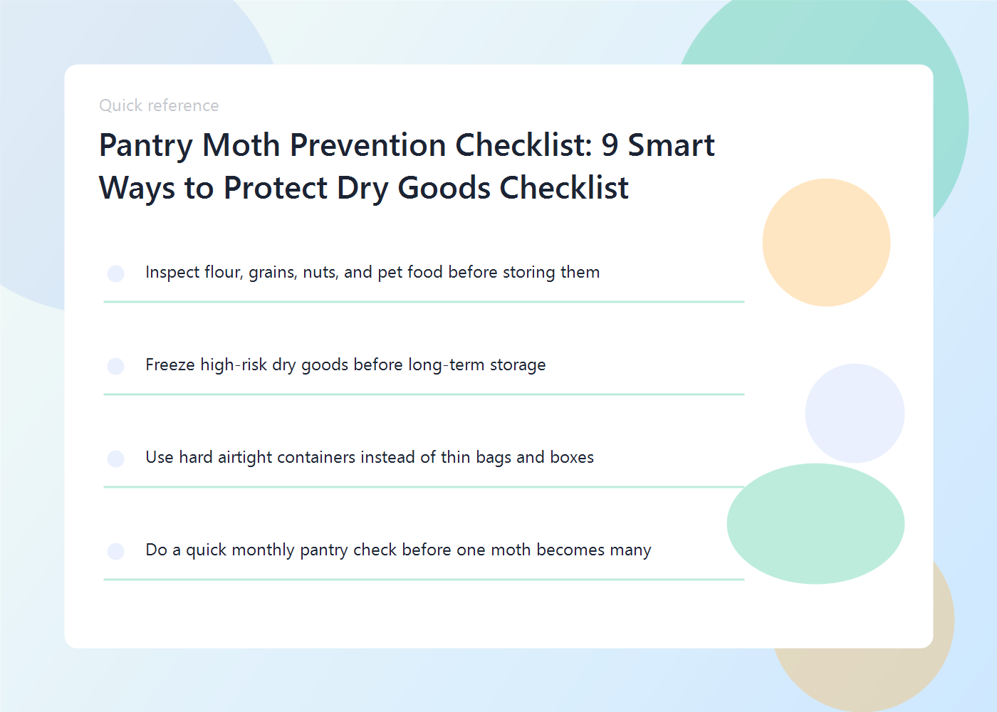 A practical pantry checklist showing inspection, freezing, sealed containers, and shelf cleaning.