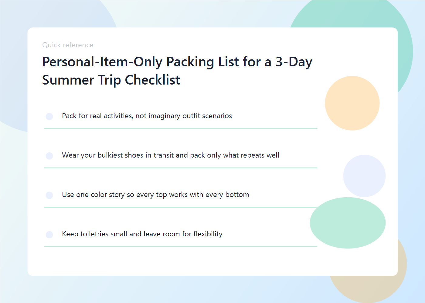 A compact travel checklist showing clothing, toiletries, chargers, and one underseat bag.