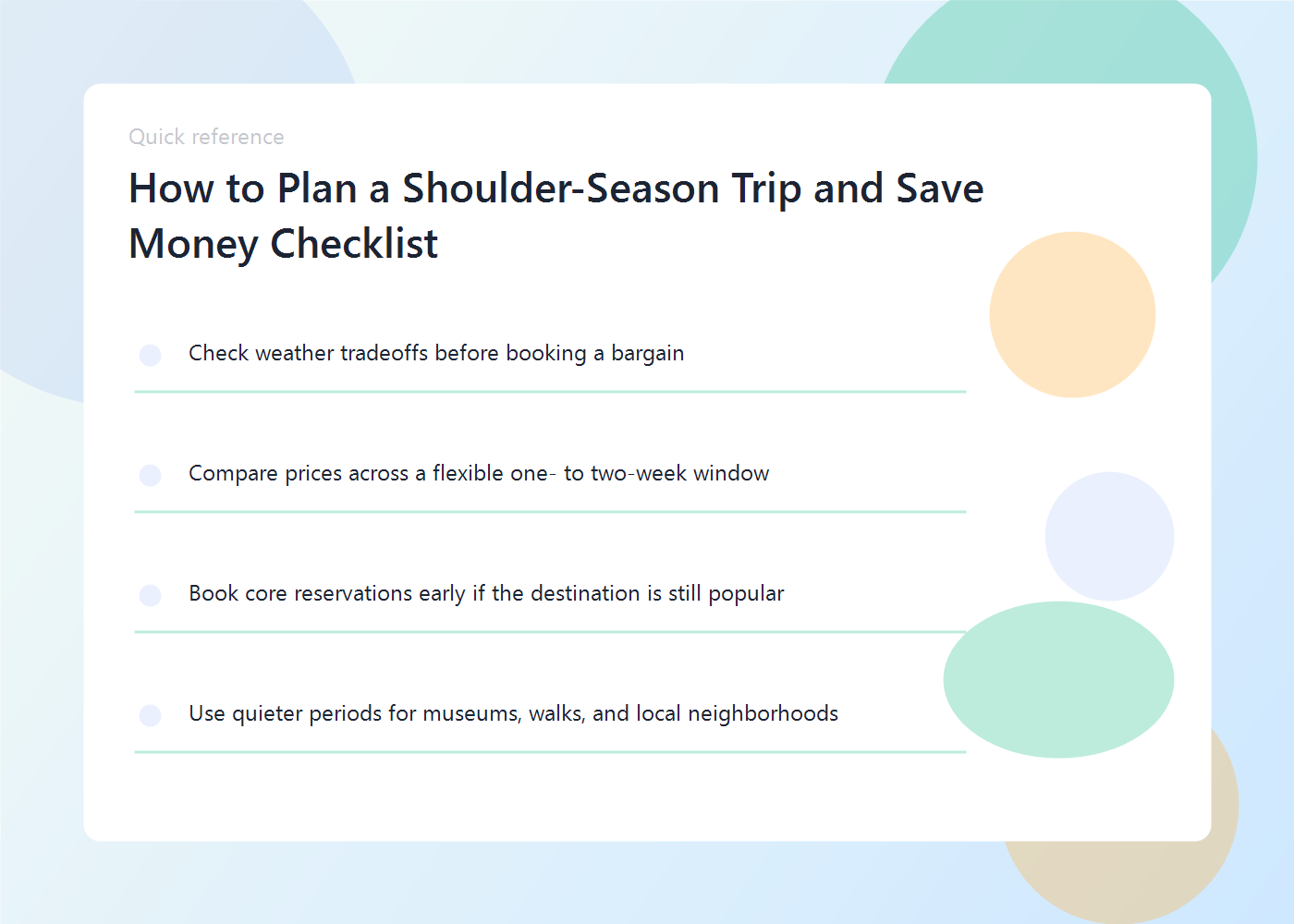 How to Plan a Shoulder-Season Trip and Save Money 2 A travel-planning graphic showing booking windows, weather checks, and flexible dates.