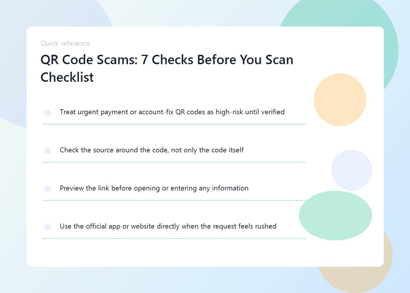 An online safety checklist showing suspicious QR code scenarios, fake stickers, and verification steps.