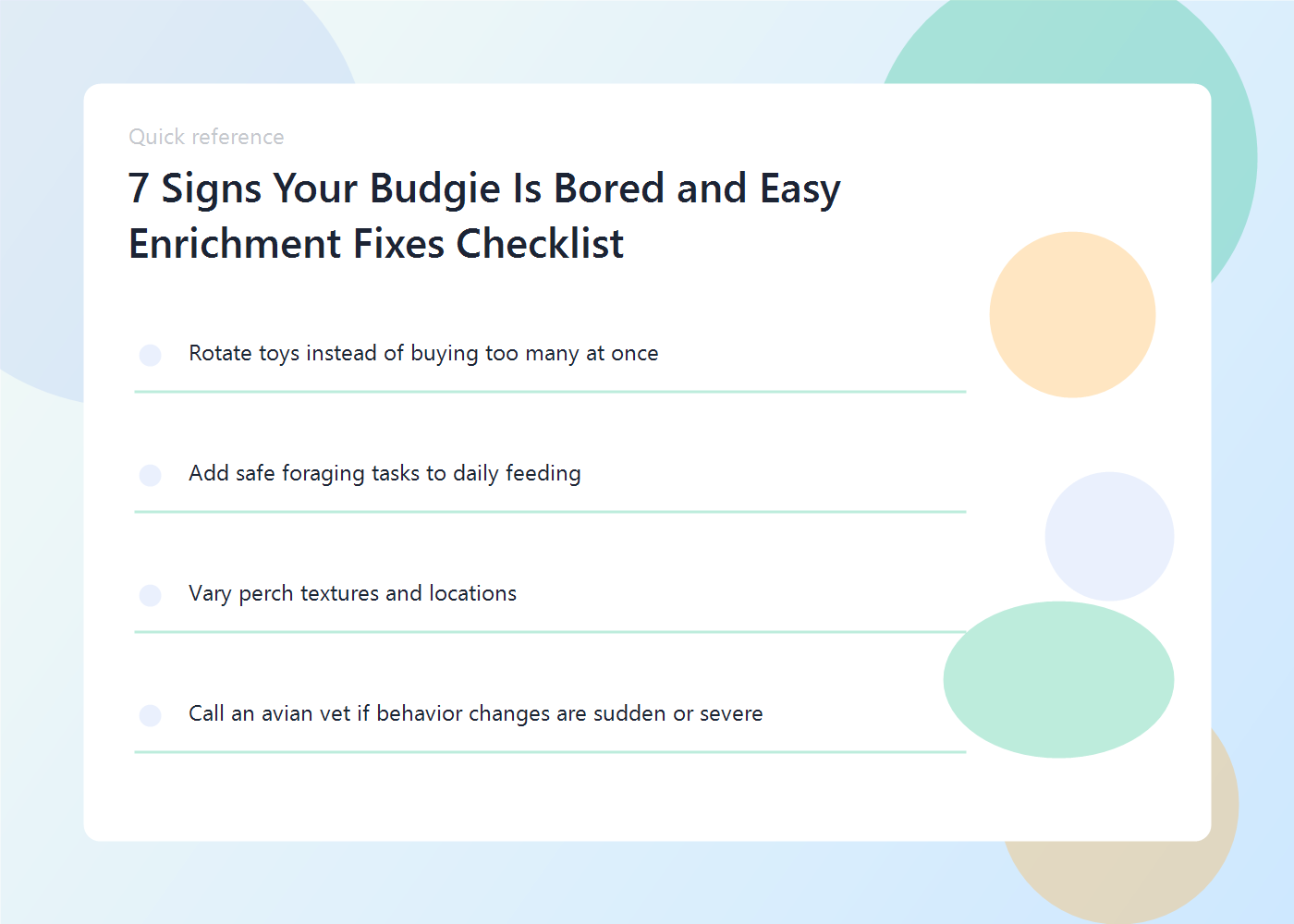 7 Signs Your Budgie Is Bored and Easy Enrichment Fixes 2 A budgie care graphic showing toys, perches, foraging, and out-of-cage activity ideas.