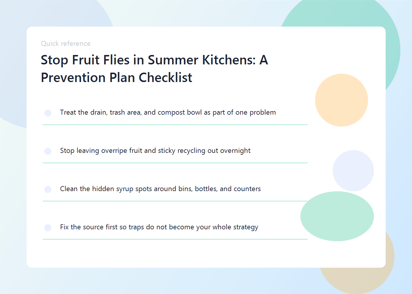 A fruit fly prevention guide showing sink cleaning, covered produce, compost control, and trash habits.