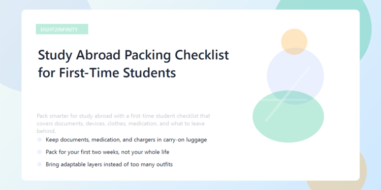 Study Abroad Packing Checklist for First-Time Students 1 A suitcase packed with study abroad essentials like documents, clothes, adapters, and a laptop.