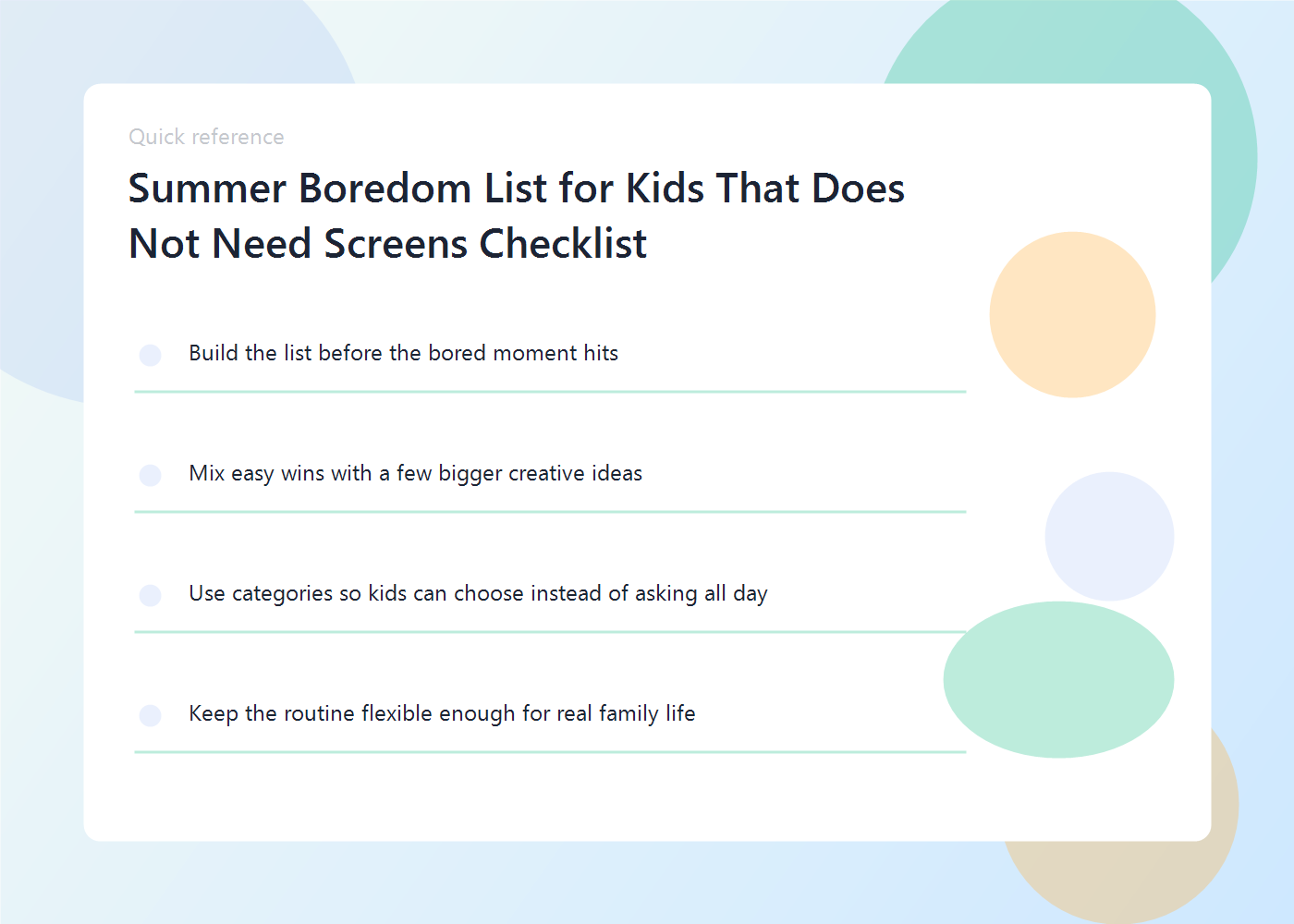 A screen-free summer boredom list with indoor, outdoor, creative, and helping tasks for kids.