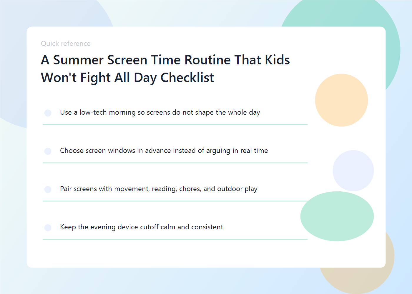 A summer routine chart with low-tech mornings, screen windows, outdoor play, and evening shutdown.