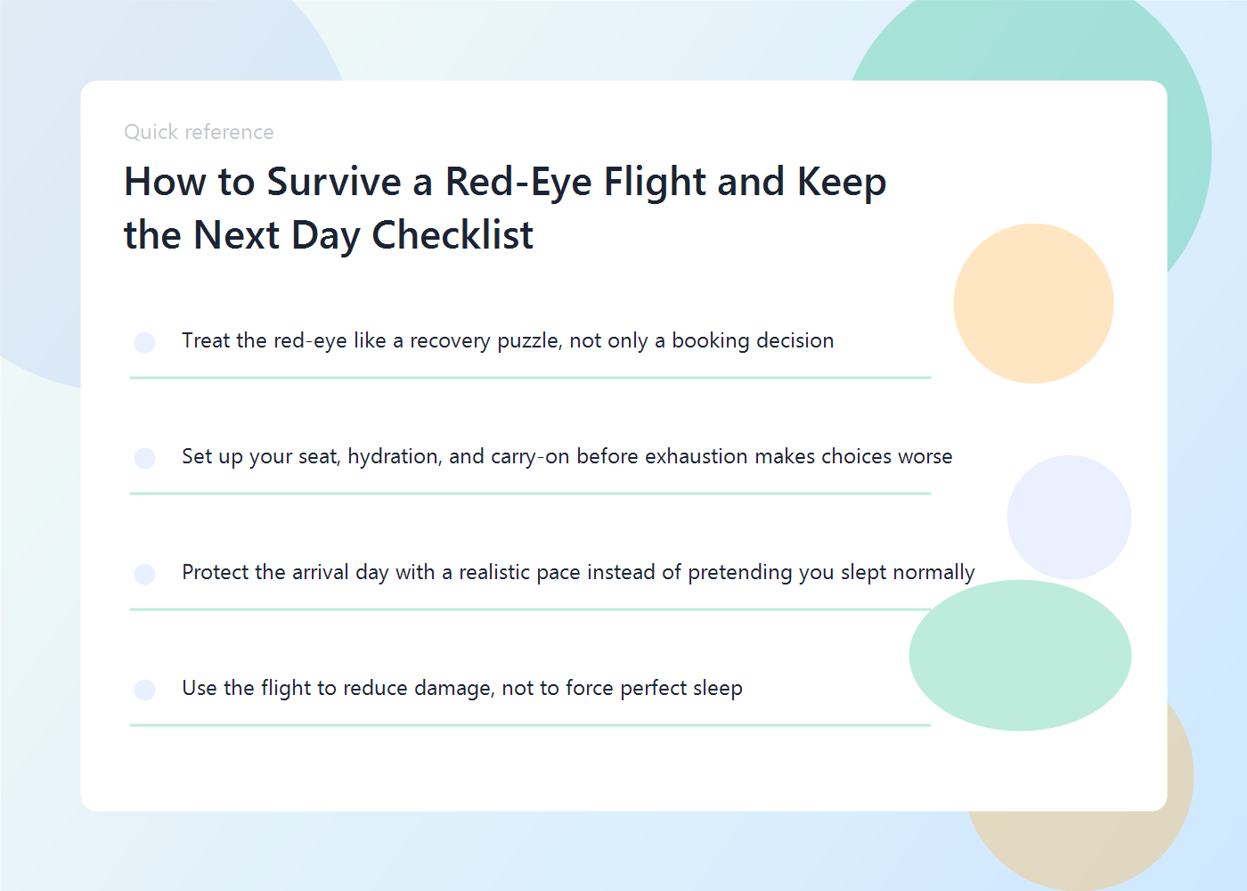 A red-eye flight checklist showing hydration, sleep setup, carry-on essentials, and next-day recovery steps.
