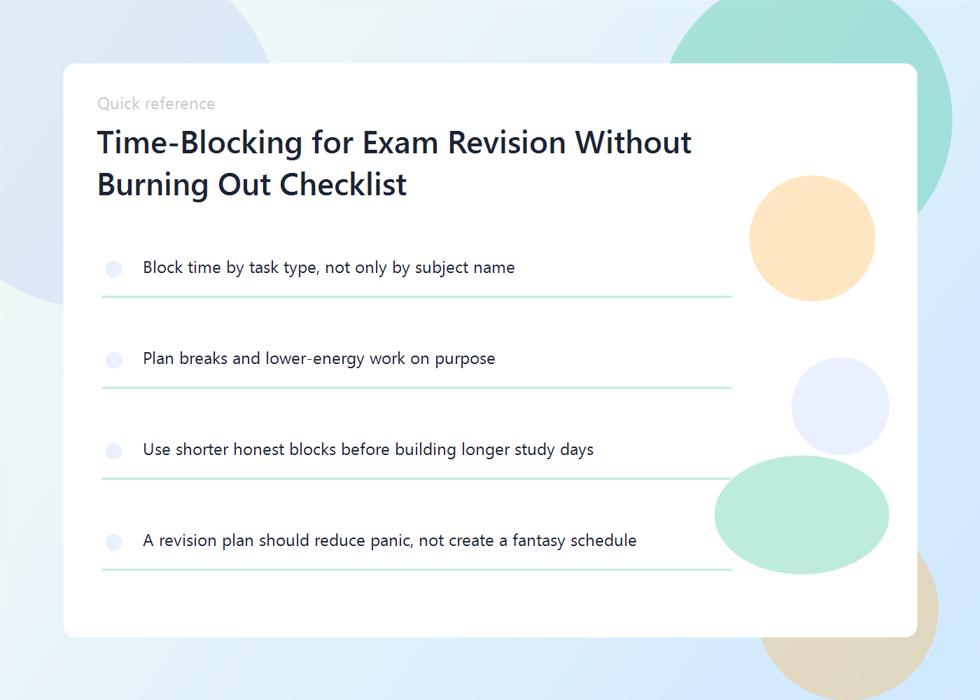 A study planning guide with revision blocks, breaks, subject rotation, and recovery time.